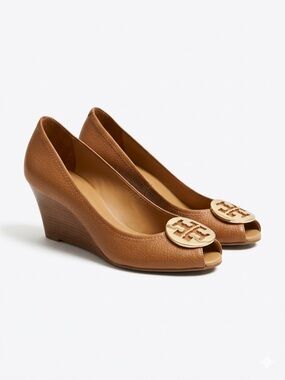 Tory Burch Women’s Sally Tan Wedge Peep Toe Shoes